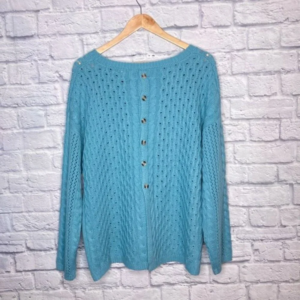 Lauren Hansen Size XL Nordstrom Blue Cable‎ Knit Button Back Pullover Sweater